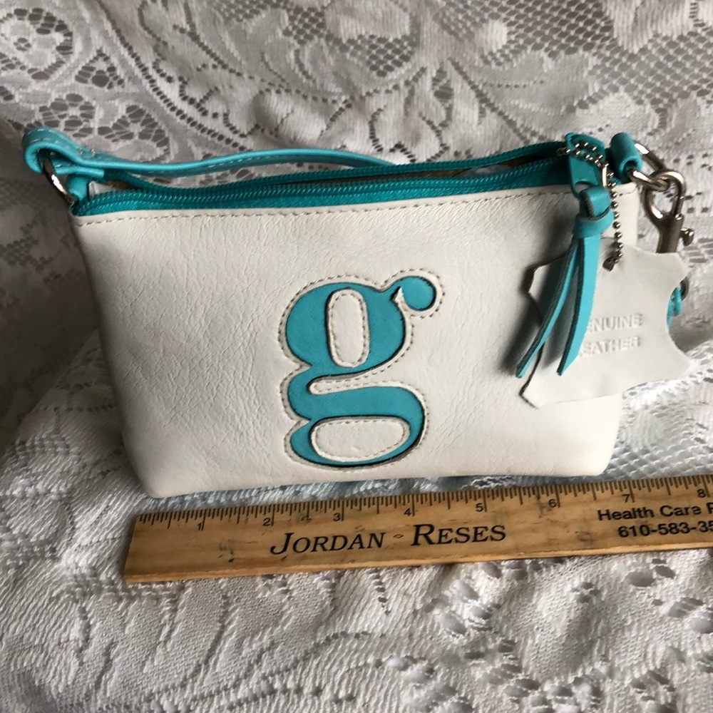 Genuine Leather small white bag with aqua blue “g”